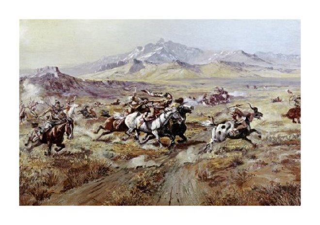 Wikioo.org - The Encyclopedia of Fine Arts - Painting, Artwork by Charles Marion Russell - Stagecoach Attack