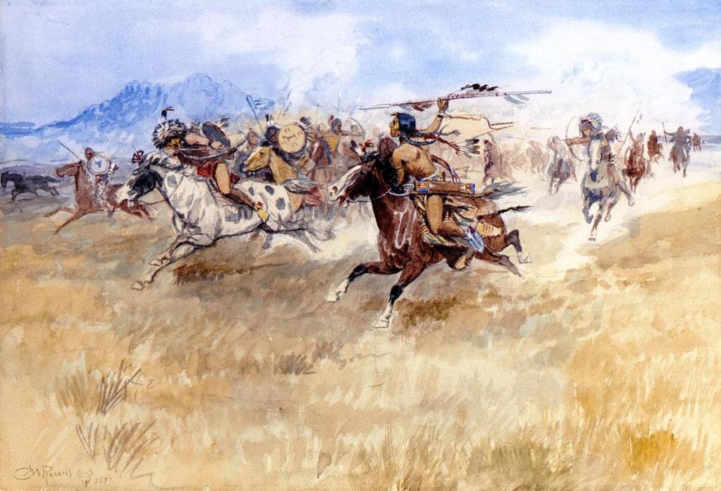 Wikioo.org - The Encyclopedia of Fine Arts - Painting, Artwork by Charles Marion Russell - The Battle Between the Blackfeet and the Piegans