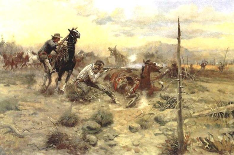 Wikioo.org - The Encyclopedia of Fine Arts - Painting, Artwork by Charles Marion Russell - When Horse Flesh Comes High