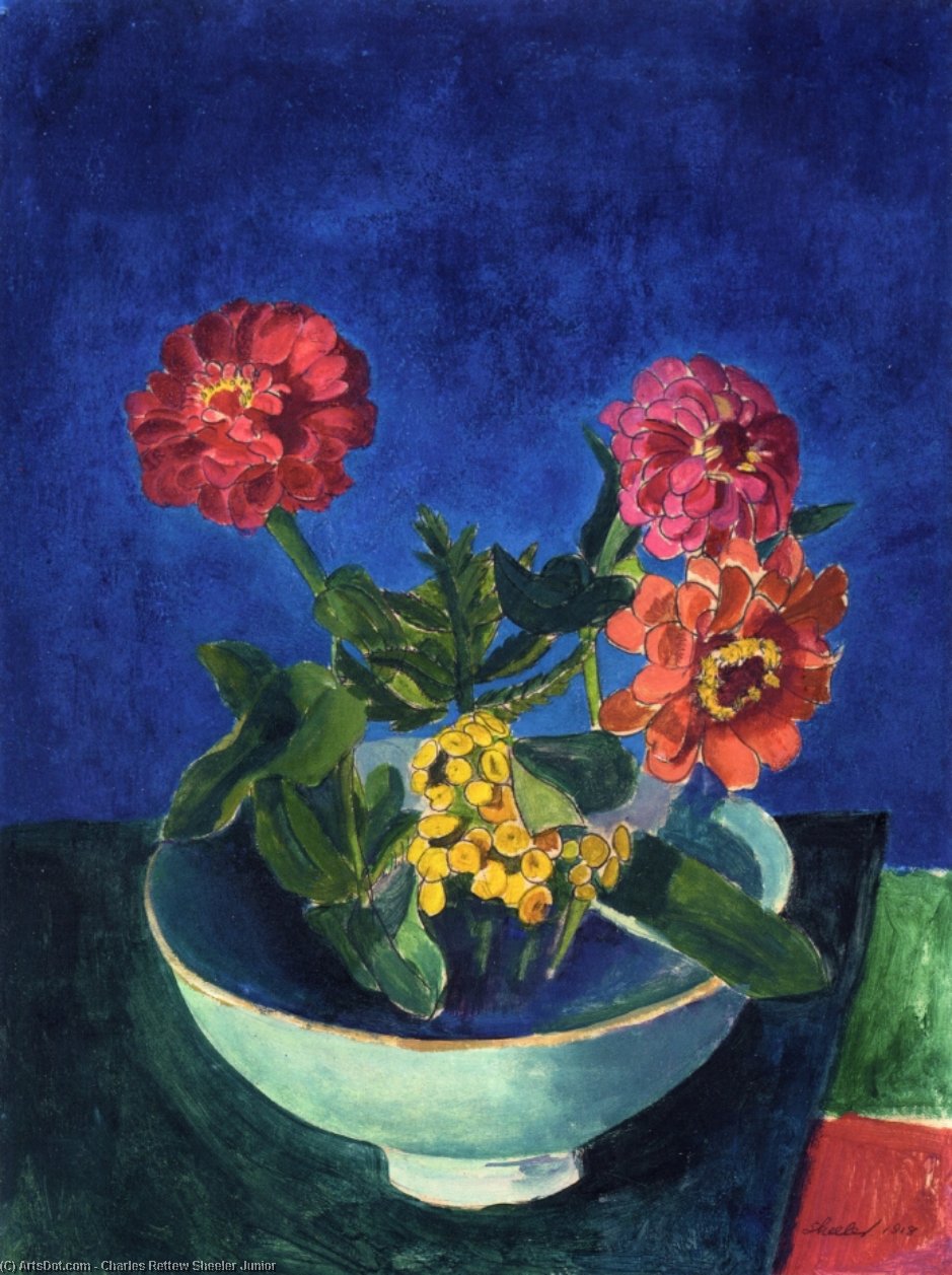 WikiOO.org - Güzel Sanatlar Ansiklopedisi - Resim, Resimler Charles Rettew Sheeler Junior - Zinnias in a Bowl