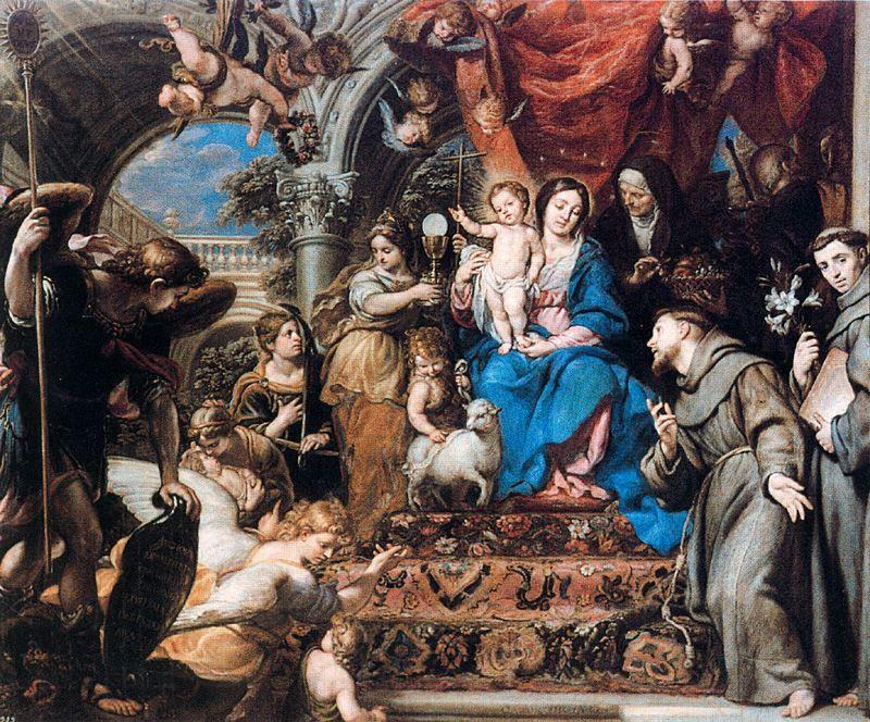 WikiOO.org - Encyclopedia of Fine Arts - Maleri, Artwork Claudio Coello - La Virgen y el Niño entre las virtudes teologales y santos