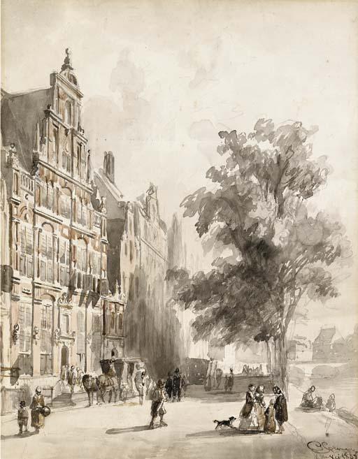 WikiOO.org – 美術百科全書 - 繪畫，作品 Cornelis Springer - 在皇帝运河，阿姆斯特丹的Het回族会见德Hoofden“