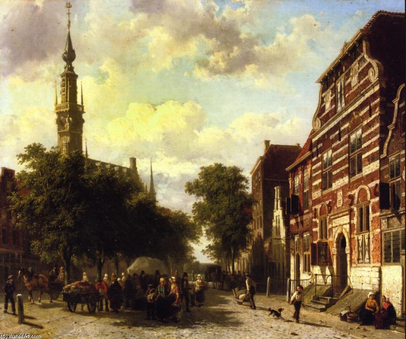 Wikioo.org - Encyklopedia Sztuk Pięknych - Malarstwo, Grafika Cornelis Springer - A Busy Market in Veere with the Clocktower of the Town Hall Beyond