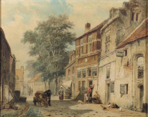 WikiOO.org - Encyclopedia of Fine Arts - Maalaus, taideteos Cornelis Springer - A streetscene in Culemborgh with a dog-cart