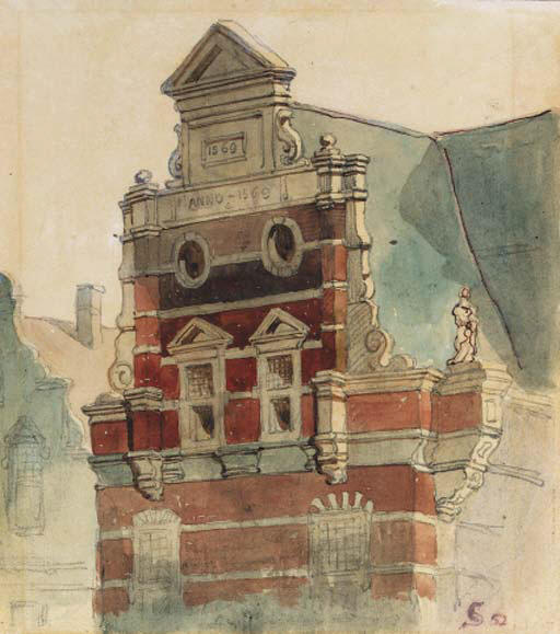 Wikioo.org - The Encyclopedia of Fine Arts - Painting, Artwork by Cornelis Springer - A Study of the Top of the West Facade of the Town Hall, The Hague