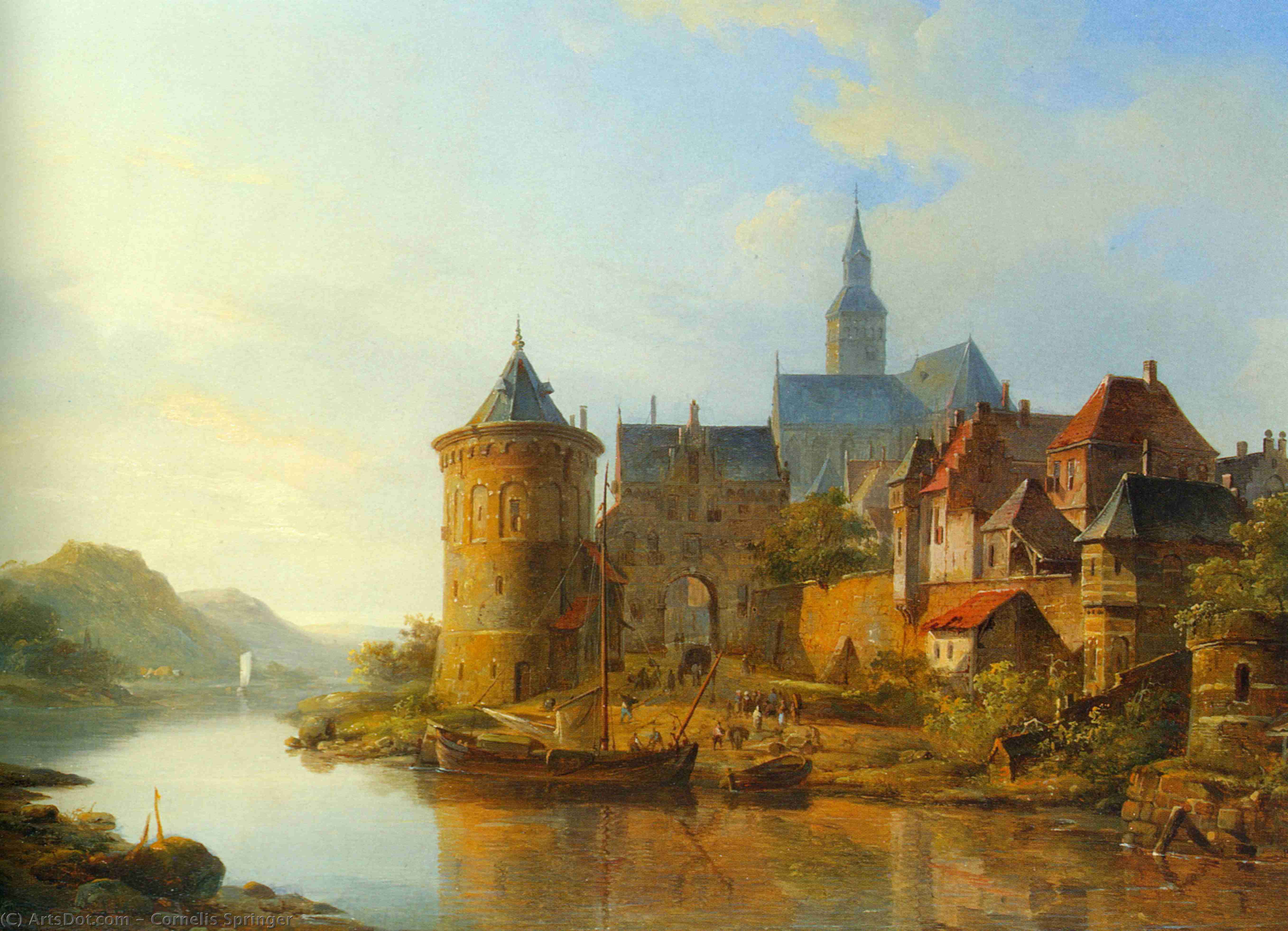 Wikoo.org - موسوعة الفنون الجميلة - اللوحة، العمل الفني Cornelis Springer - A View of a Town along the Rhine