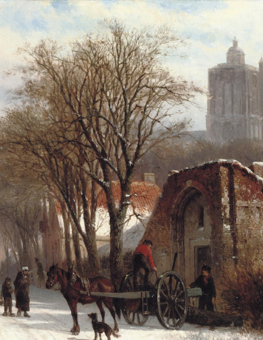Wikioo.org - สารานุกรมวิจิตรศิลป์ - จิตรกรรม Cornelis Springer - Brielle in winter. unloading the 'Malle Jan'