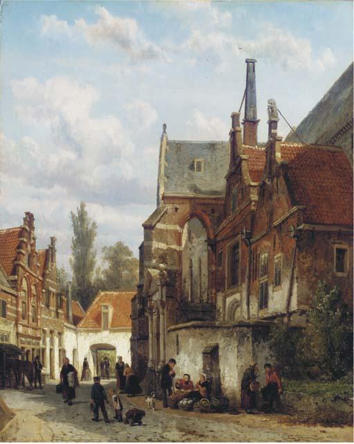 Wikioo.org - The Encyclopedia of Fine Arts - Painting, Artwork by Cornelis Springer - Figures conversing by the Zuiderkerk in Enkhuizen
