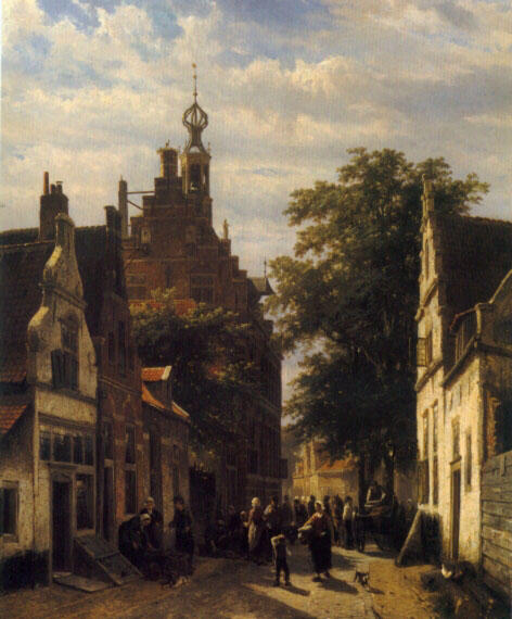 WikiOO.org - Encyclopedia of Fine Arts - Maľba, Artwork Cornelis Springer - Figures in a Street in Delft