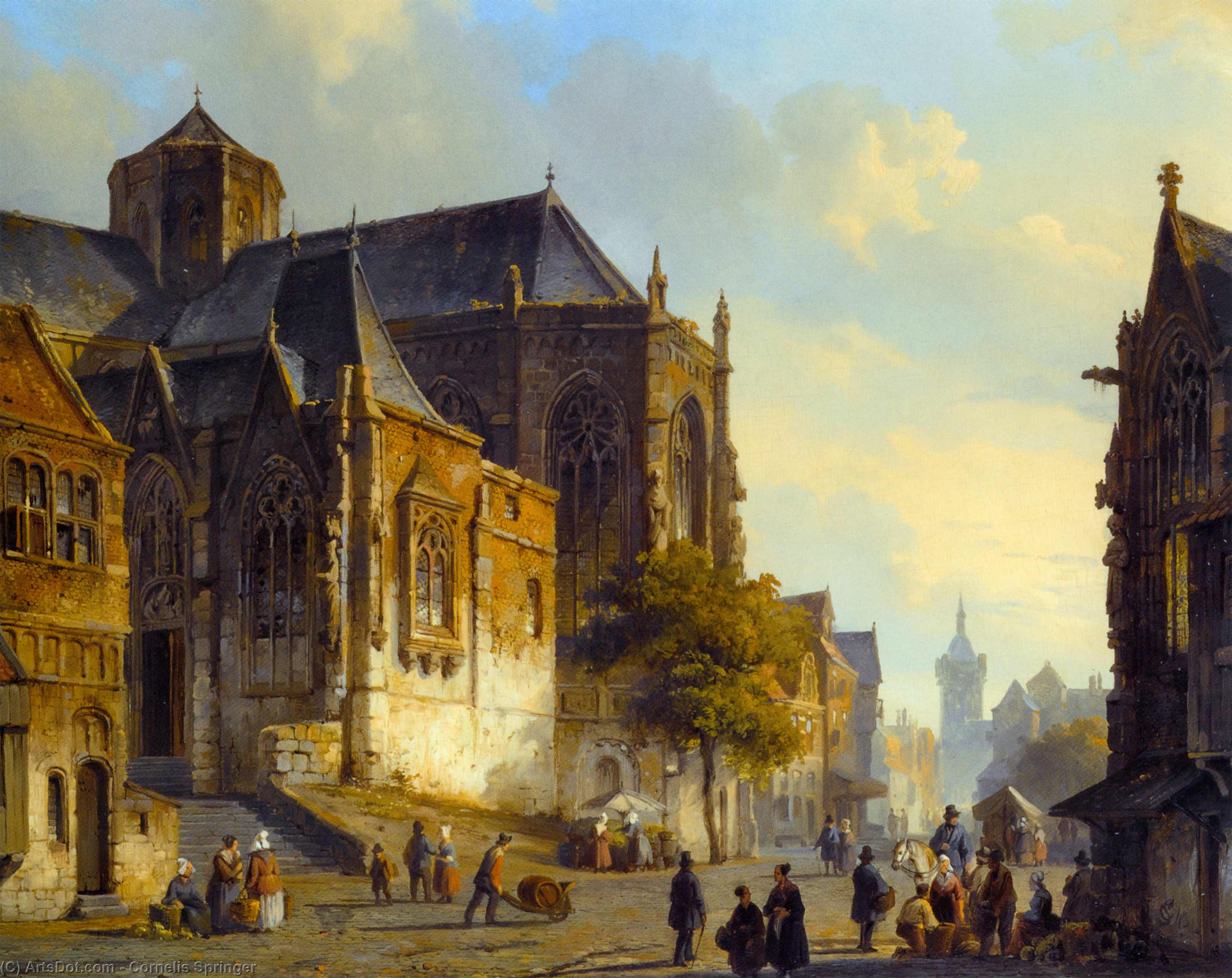 Wikioo.org – L'Enciclopedia delle Belle Arti - Pittura, Opere di Cornelis Springer - figure su un mercato quadrato in un olandese città