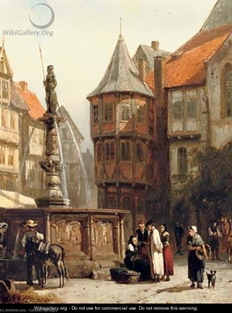 Wikioo.org - สารานุกรมวิจิตรศิลป์ - จิตรกรรม Cornelis Springer - Marketday in front of the Town Hall of Hildesheim