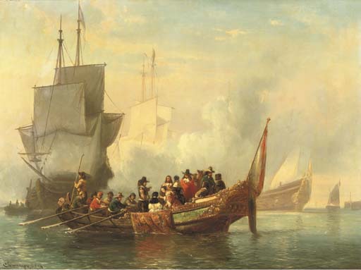 Wikioo.org - สารานุกรมวิจิตรศิลป์ - จิตรกรรม Cornelis Springer - The salute. a noble company surveying a fleet