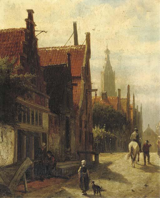 Wikioo.org - The Encyclopedia of Fine Arts - Painting, Artwork by Cornelis Springer - Townspeople on the Vijzelstraat, Enkhuizen