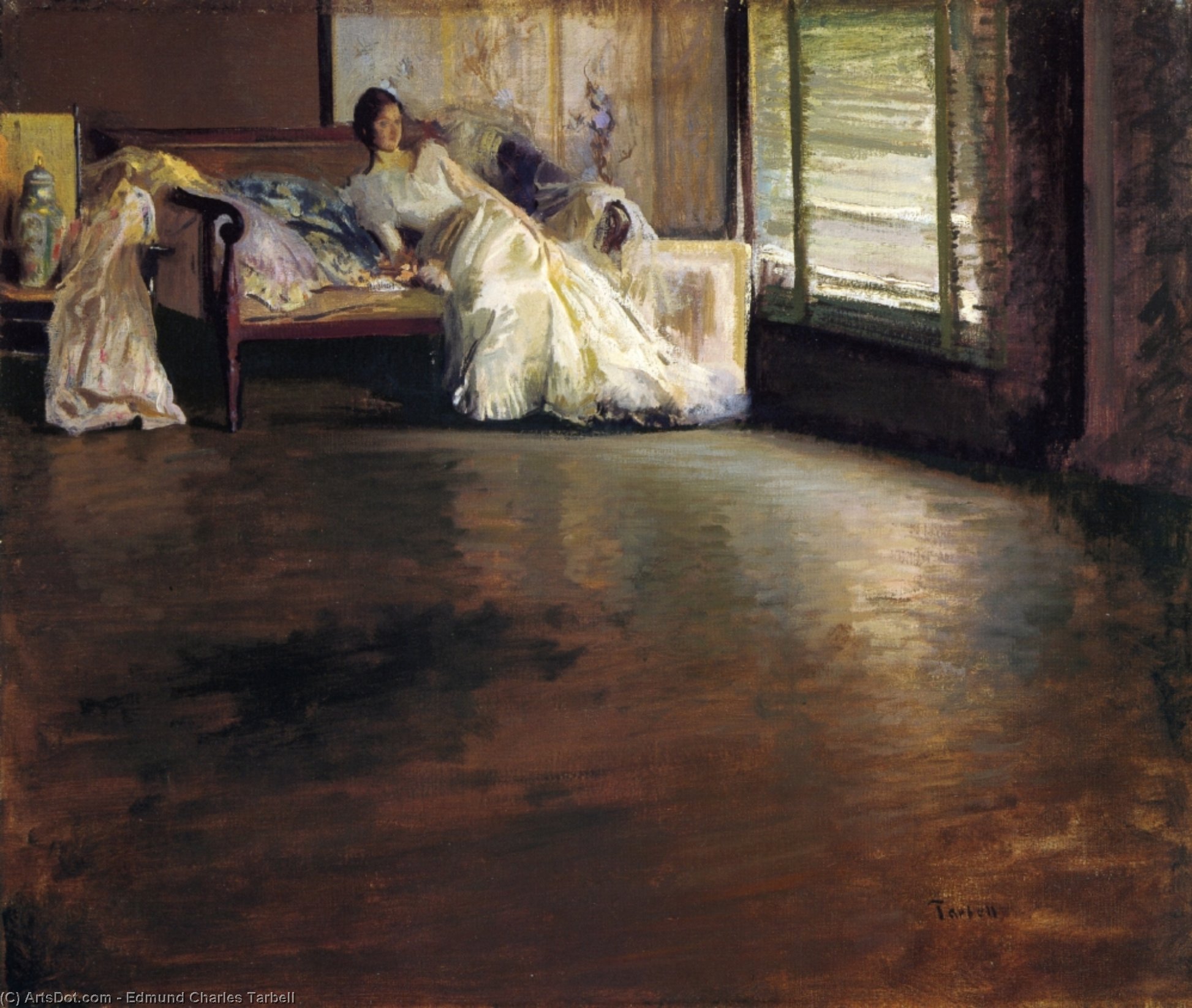 Wikioo.org – La Enciclopedia de las Bellas Artes - Pintura, Obras de arte de Edmund Charles Tarbell - a través de habitación ( aka por la ventana o la hora del ocio )