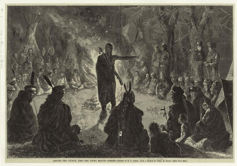 Wikioo.org - The Encyclopedia of Fine Arts - Painting, Artwork by Edwin Austin Abbey - Around the council fire -- the young brave's speech