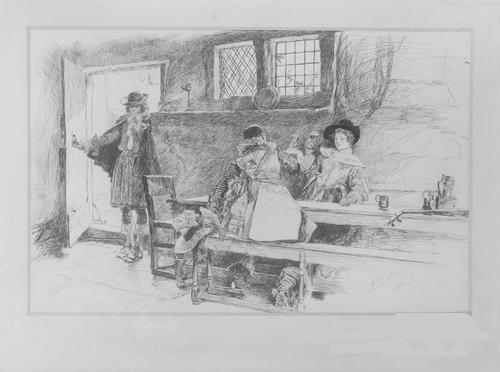 Wikioo.org – L'Encyclopédie des Beaux Arts - Peinture, Oeuvre de Edwin Austin Abbey - Dans une taverne, Illustration pour Phillada Me bafoue
