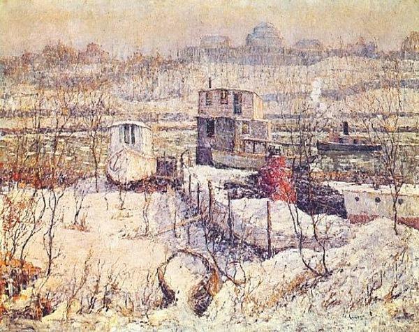Wikioo.org - The Encyclopedia of Fine Arts - Painting, Artwork by Ernest Lawson - Boathouse, Winter, Harlem River