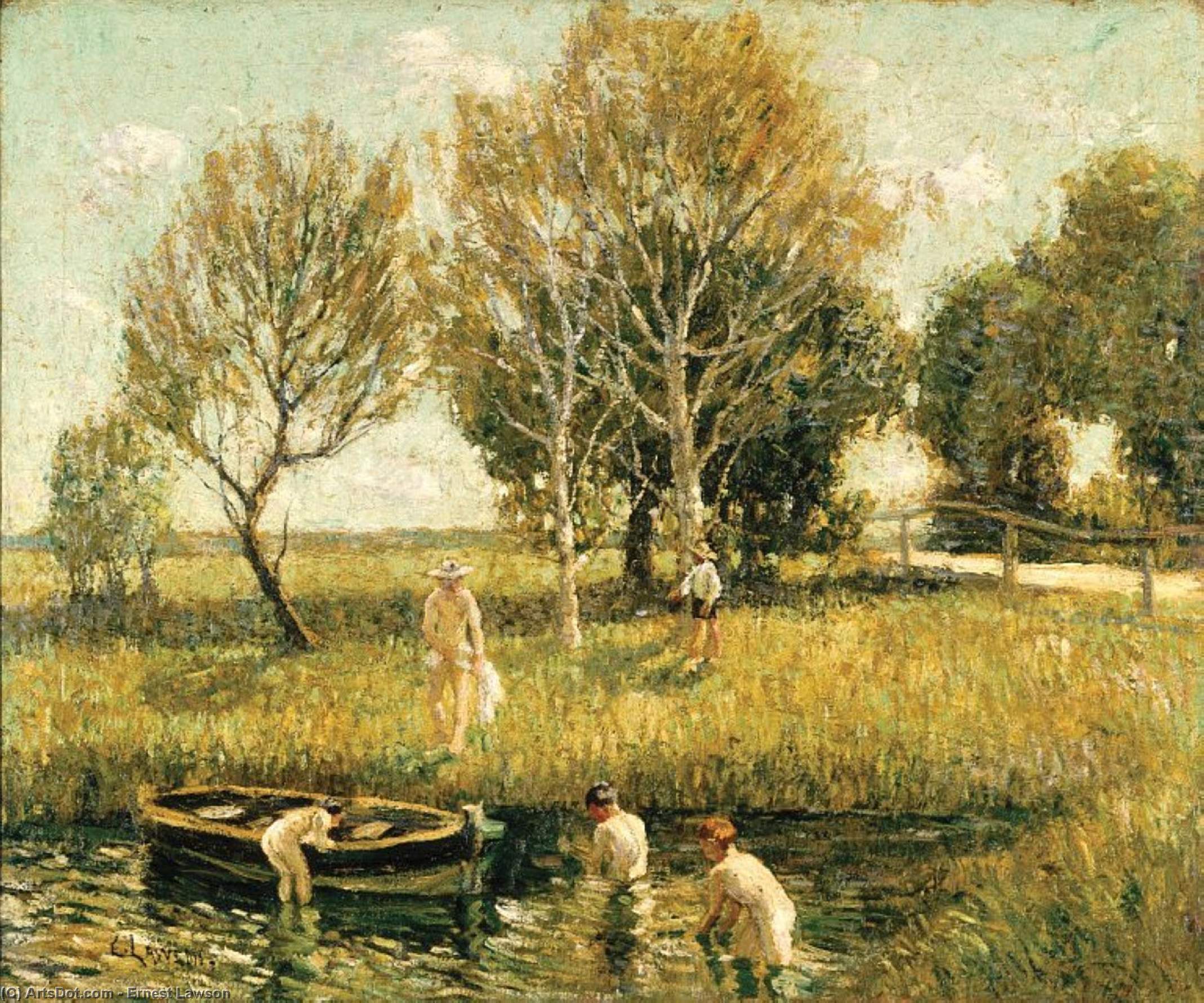 Wikioo.org – La Enciclopedia de las Bellas Artes - Pintura, Obras de arte de Ernest Lawson - niños bañandose