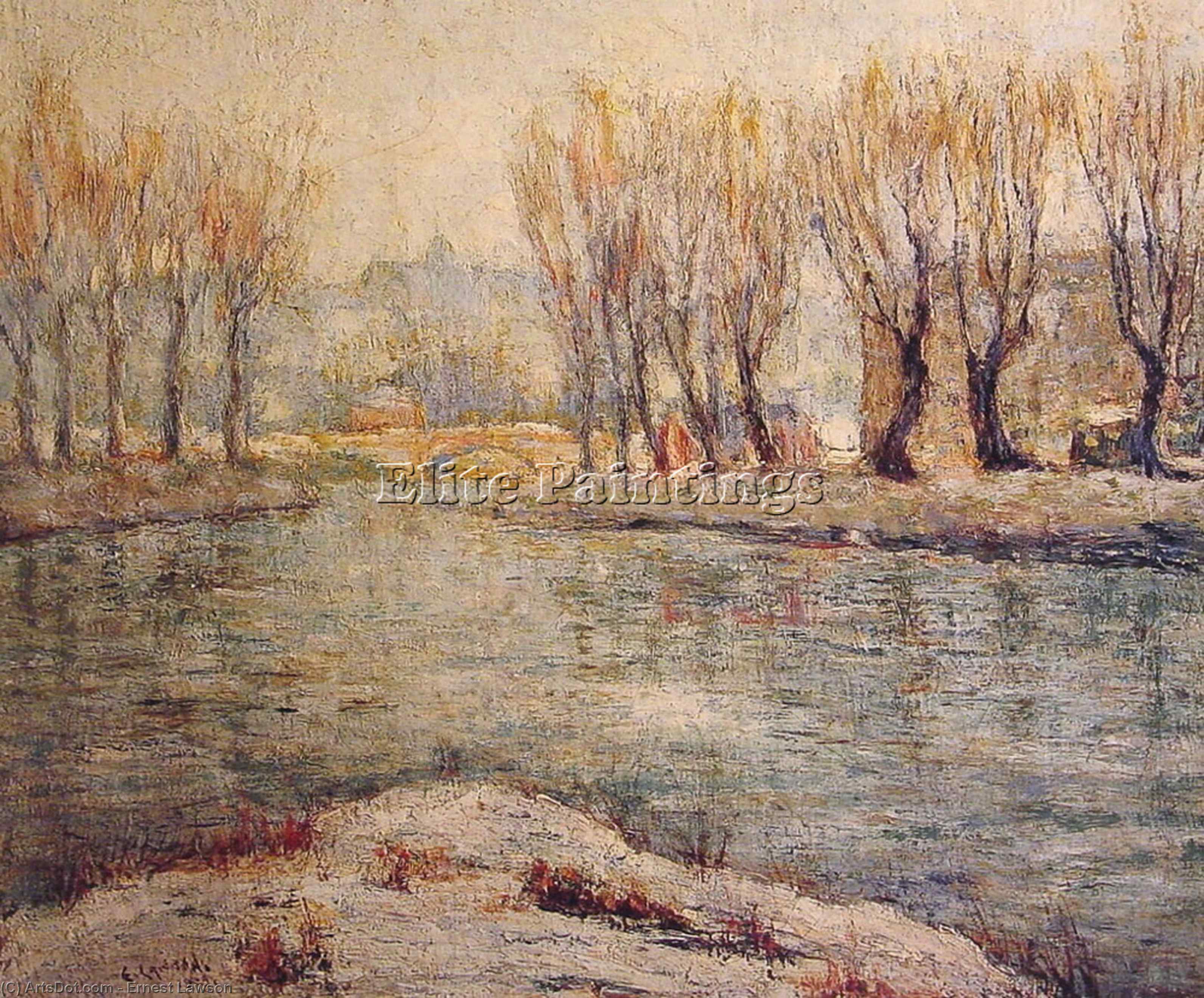 Wikioo.org - The Encyclopedia of Fine Arts - Painting, Artwork by Ernest Lawson - End of Winter - The Boathouse on the Harlem River, New York