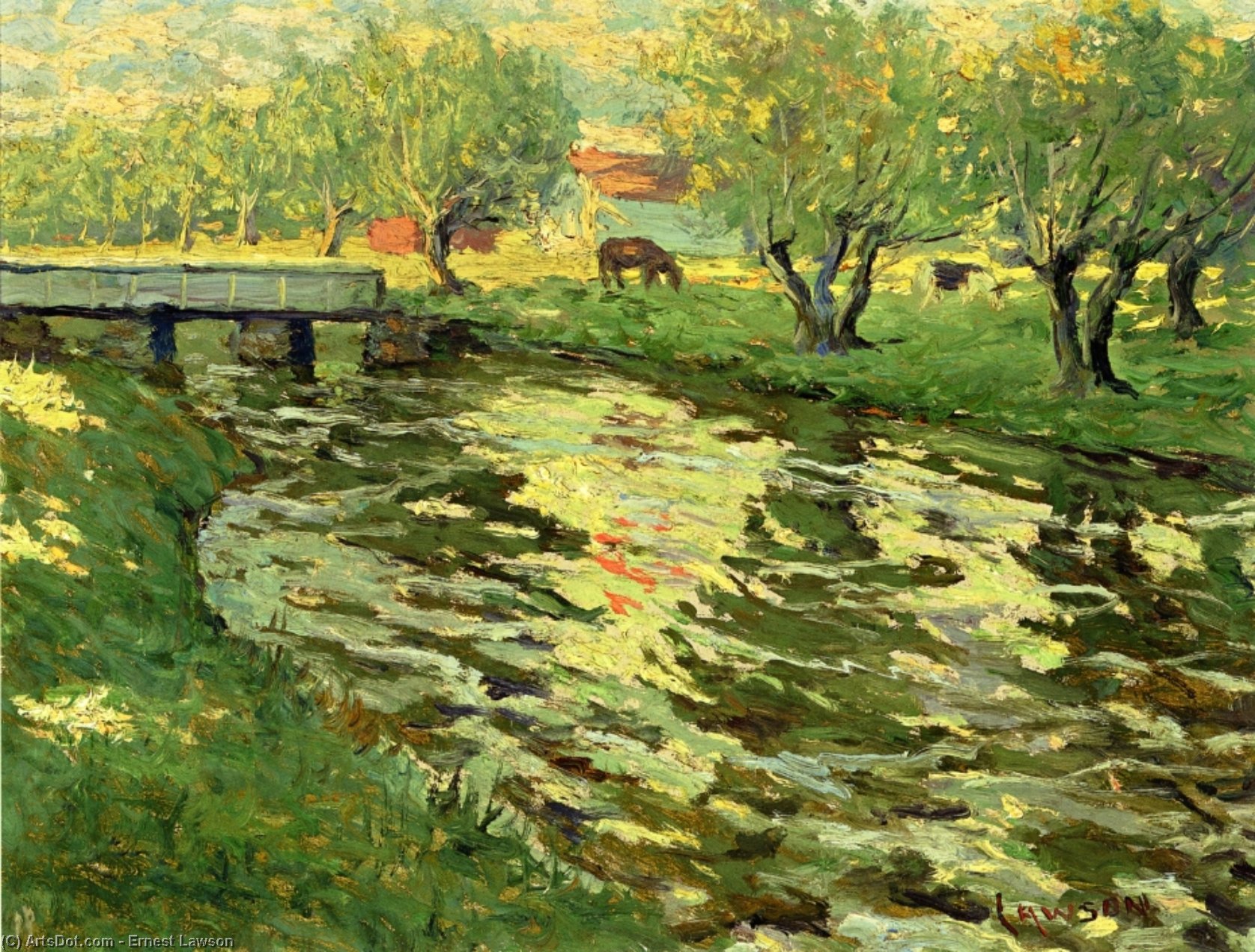WikiOO.org - Encyclopedia of Fine Arts - Maleri, Artwork Ernest Lawson - Horses Grazing by a Stream