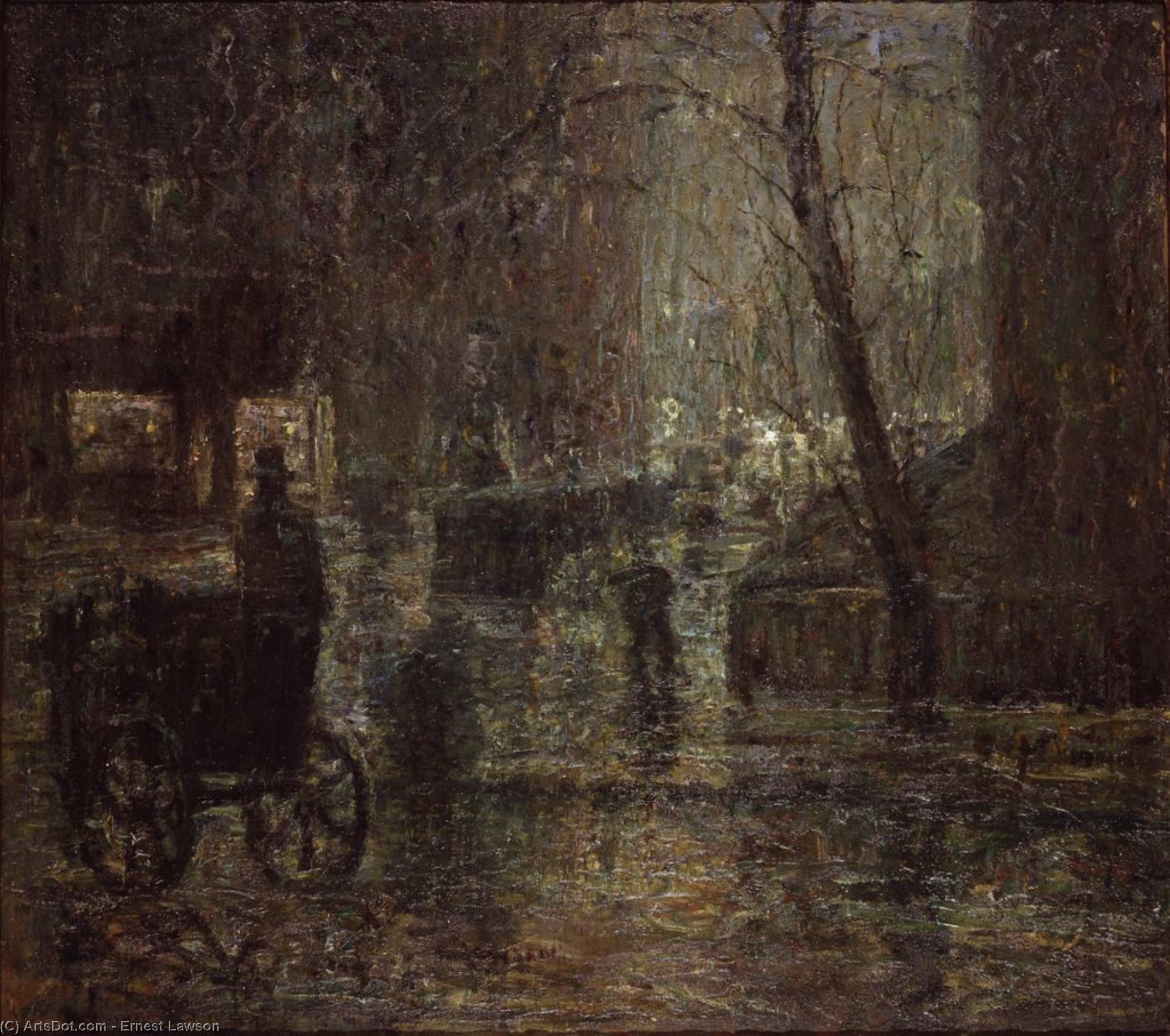 Wikioo.org - The Encyclopedia of Fine Arts - Painting, Artwork by Ernest Lawson - Wet Night, Gramercy Park