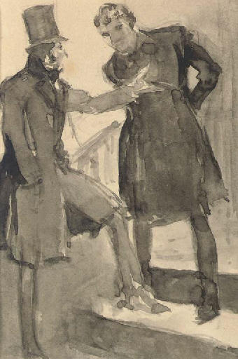 Wikioo.org - The Encyclopedia of Fine Arts - Painting, Artwork by Everett Shinn - Two men conversing from The Mystery of Edwin Drood, Chapter 9