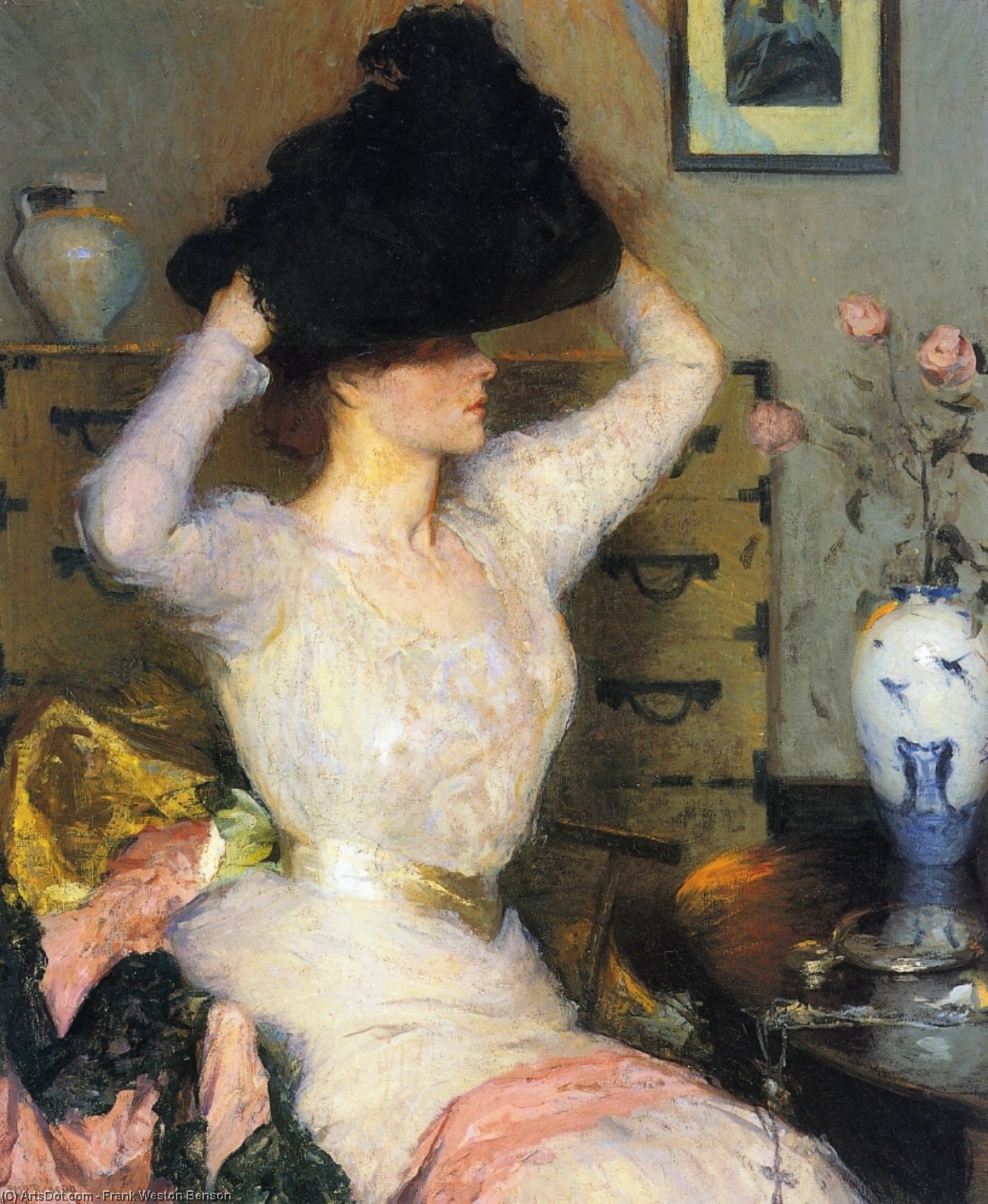 Wikioo.org - The Encyclopedia of Fine Arts - Painting, Artwork by Frank Weston Benson - Lady Trying on a Hat (aka The Black Hat)