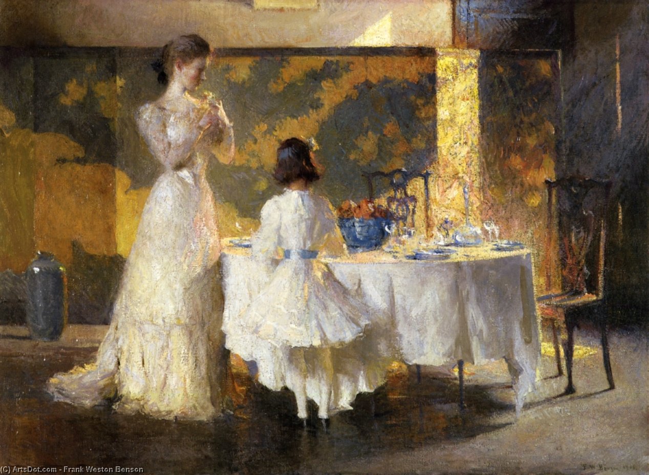 Wikioo.org - The Encyclopedia of Fine Arts - Painting, Artwork by Frank Weston Benson - The Artist's Daughters (aka The Dining Room)