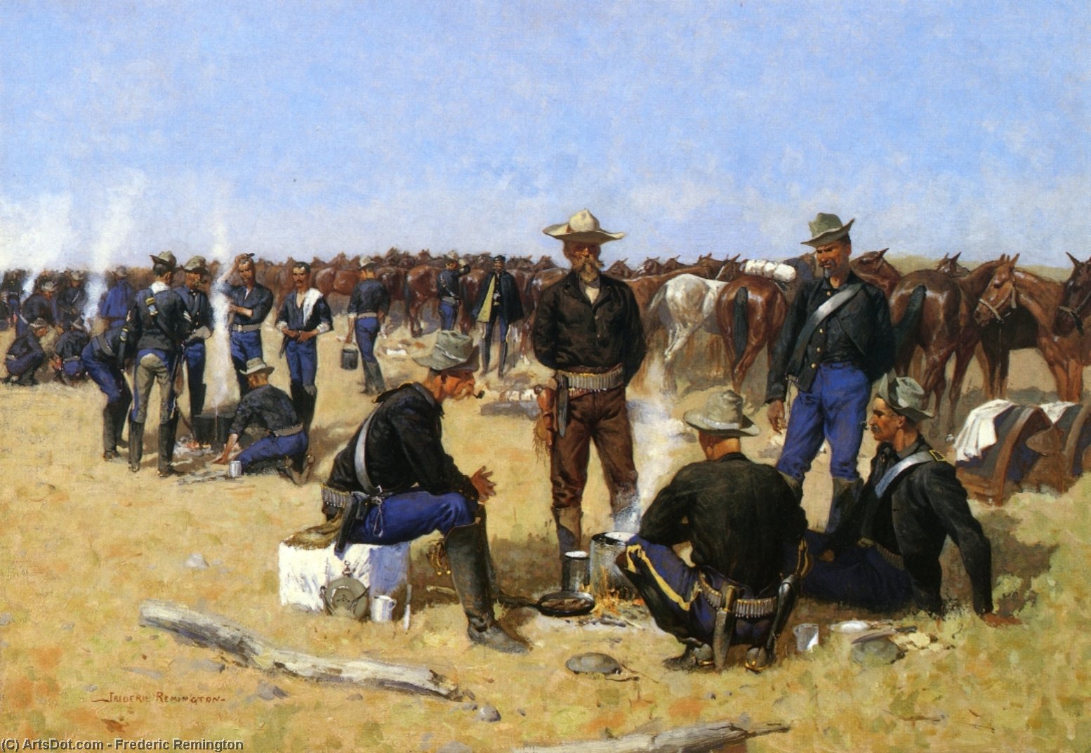 Wikioo.org – La Enciclopedia de las Bellas Artes - Pintura, Obras de arte de Frederic Remington - Un Cavalryman's Desayuno en el llanos