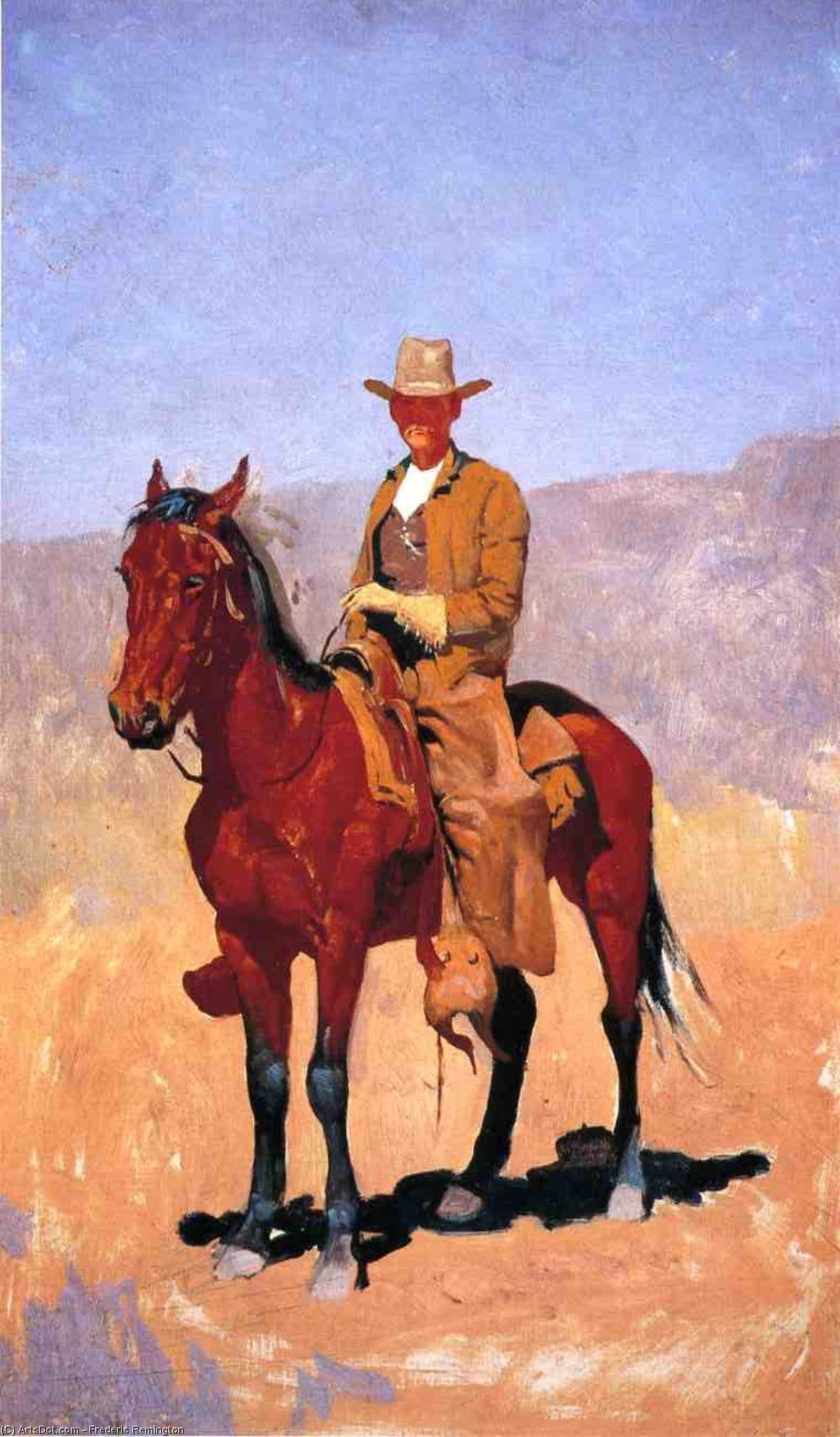 Wikioo.org - The Encyclopedia of Fine Arts - Painting, Artwork by Frederic Remington - Mounted Cowboy in Chaps with Race Horse