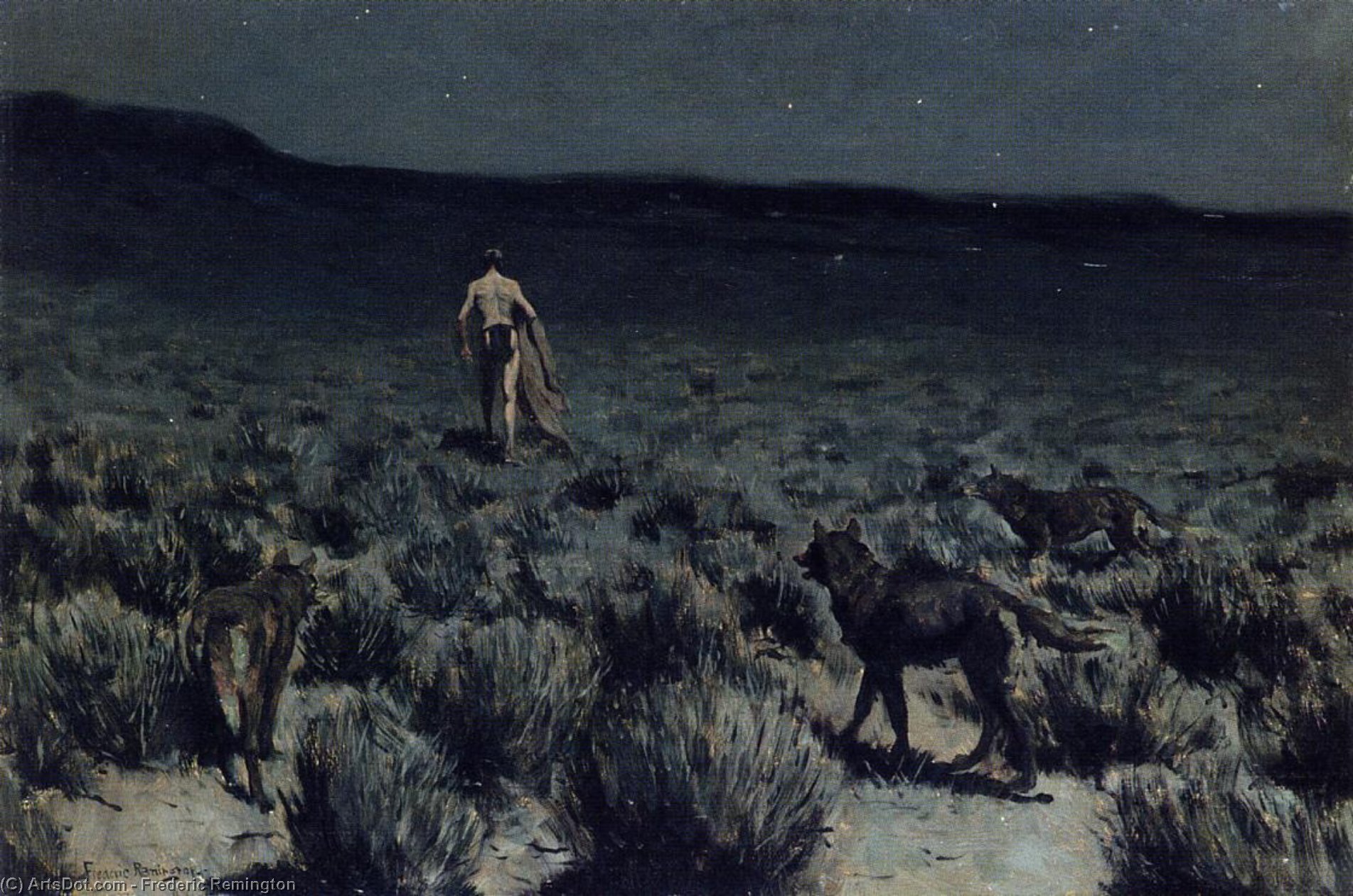 Wikioo.org - The Encyclopedia of Fine Arts - Painting, Artwork by Frederic Remington - The Wolves Sniffed Along on the Trail, but Came No Closer