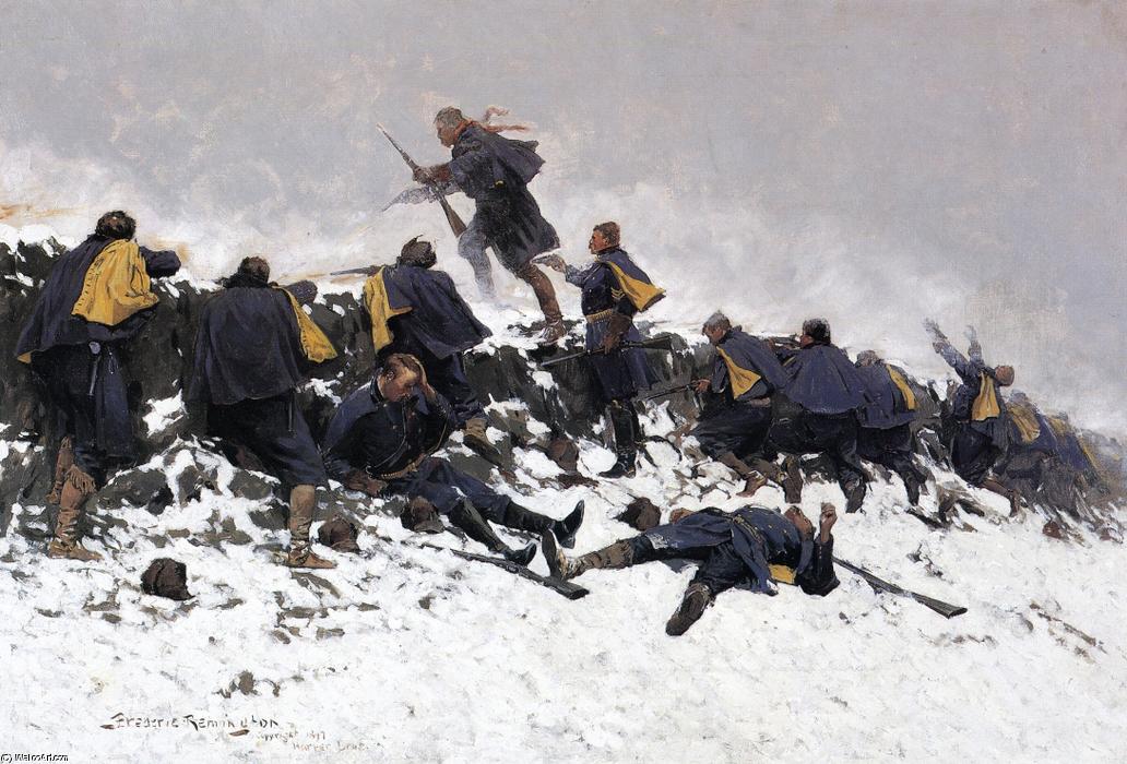 Wikioo.org – L'Encyclopédie des Beaux Arts - Peinture, Oeuvre de Frederic Remington - Grâce à la fumée Sprang le Daring Soldier