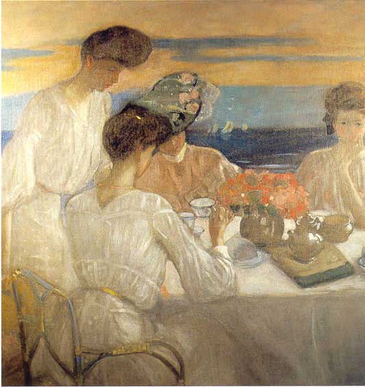 Wikioo.org - The Encyclopedia of Fine Arts - Painting, Artwork by Frederick Carl Frieseke - Afternoon Tea on the Terrace