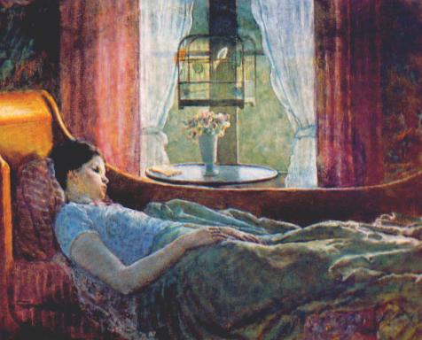 Wikioo.org - สารานุกรมวิจิตรศิลป์ - จิตรกรรม Frederick Carl Frieseke - Girl in Bed