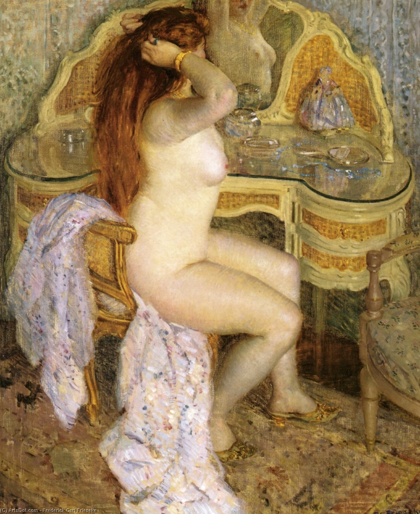 Wikioo.org - The Encyclopedia of Fine Arts - Painting, Artwork by Frederick Carl Frieseke - Nude Seated At Her Dressing Table