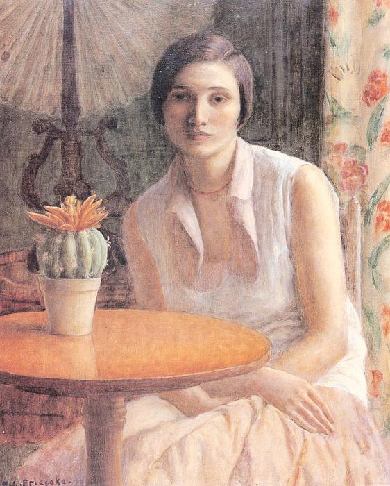 Wikioo.org - The Encyclopedia of Fine Arts - Painting, Artwork by Frederick Carl Frieseke - Portrait of a Woman with a Cactus
