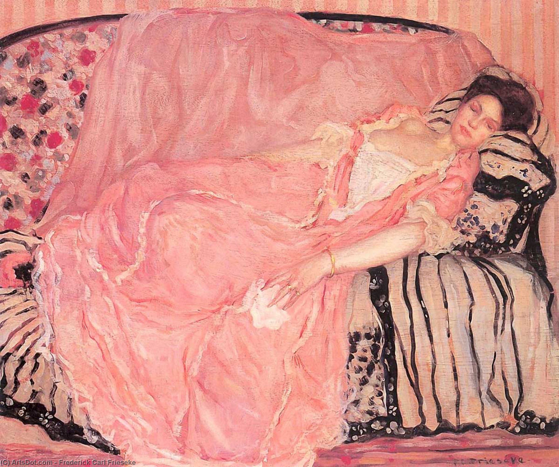 Wikioo.org - The Encyclopedia of Fine Arts - Painting, Artwork by Frederick Carl Frieseke - Portrait Of Madame Gely (On The Couch)