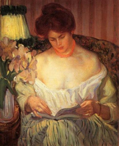 Wikioo.org - The Encyclopedia of Fine Arts - Painting, Artwork by Frederick Carl Frieseke - Reading by Lamp Light