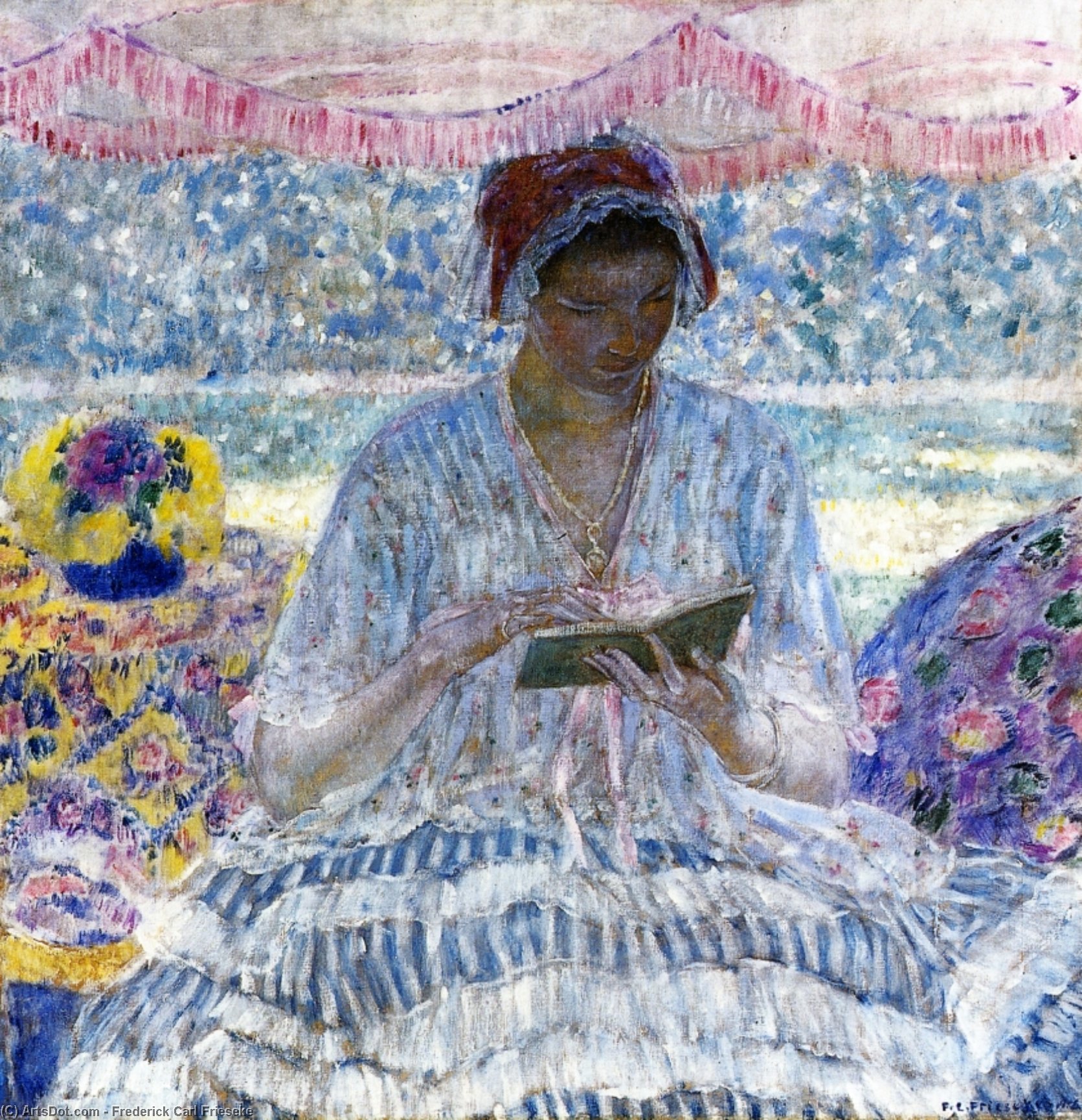Wikioo.org - The Encyclopedia of Fine Arts - Painting, Artwork by Frederick Carl Frieseke - Summer Reading (Aka Under The Awning)