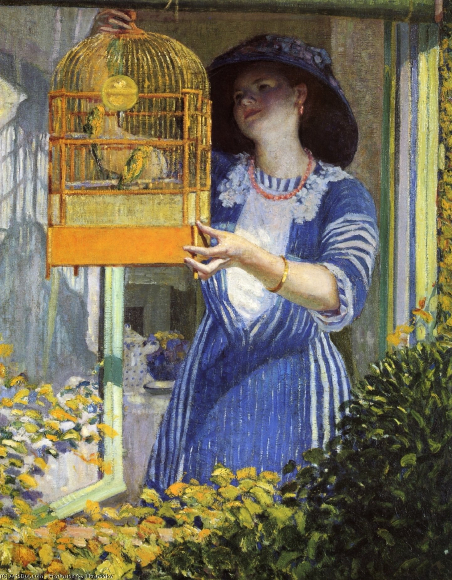 Wikioo.org - The Encyclopedia of Fine Arts - Painting, Artwork by Frederick Carl Frieseke - The Open Window (Aka The Bird Cage)