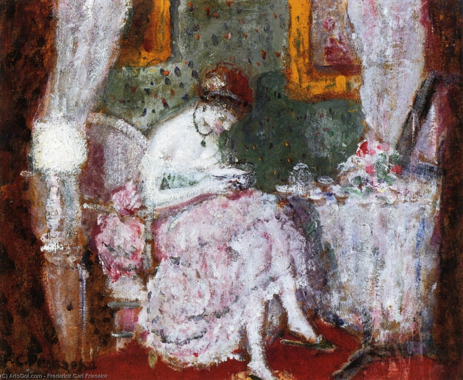 Wikioo.org - The Encyclopedia of Fine Arts - Painting, Artwork by Frederick Carl Frieseke - Woman At A Dressing Table