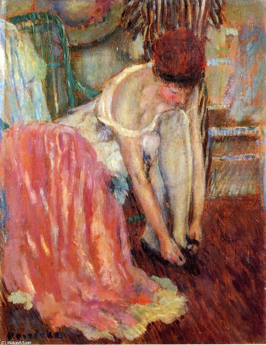 WikiOO.org - Encyclopedia of Fine Arts - Maleri, Artwork Frederick Carl Frieseke - Woman Tying Her Shoe