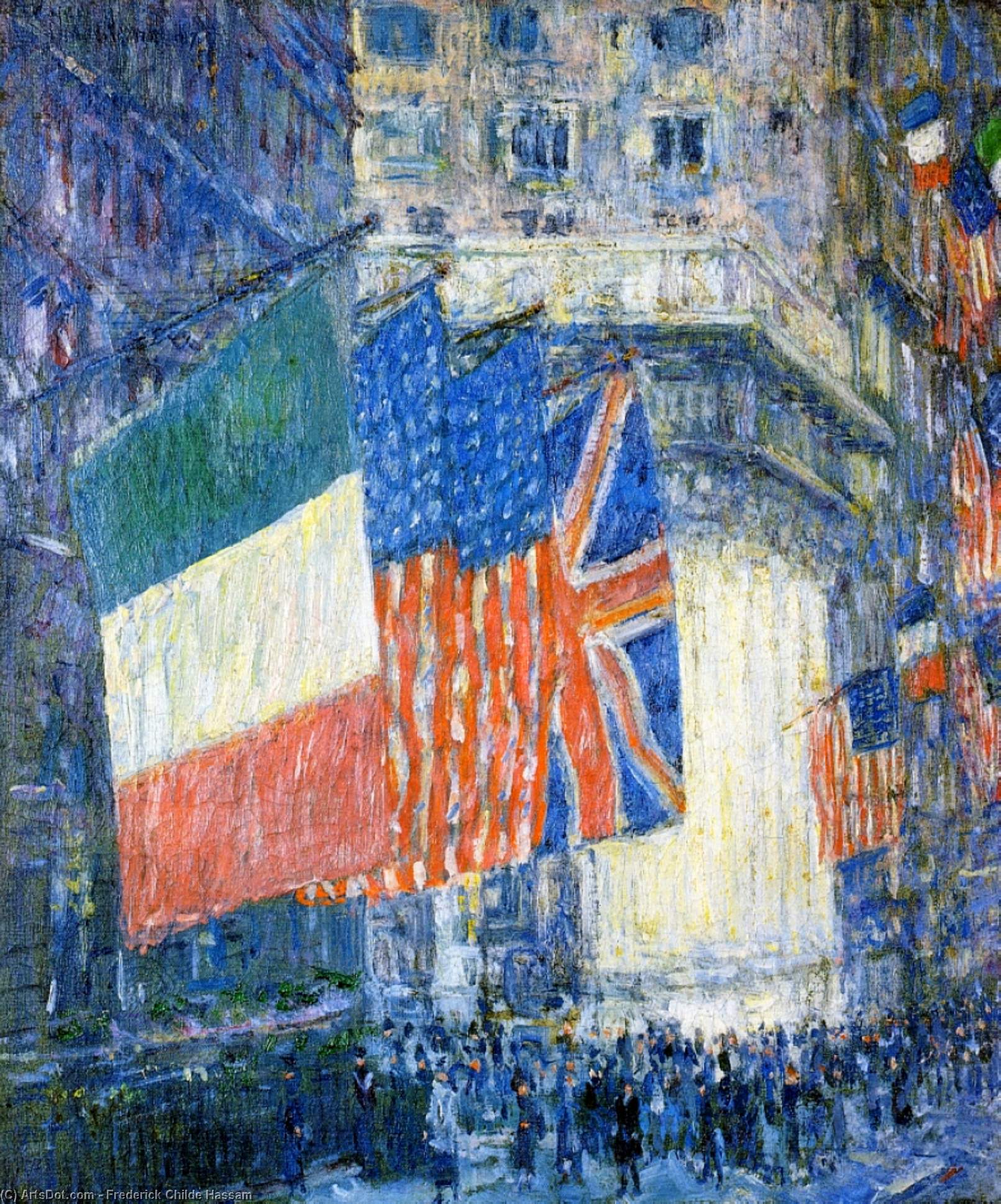 Wikioo.org - The Encyclopedia of Fine Arts - Painting, Artwork by Frederick Childe Hassam - Avenue of the Allies (aka Flags on the Waldorf)