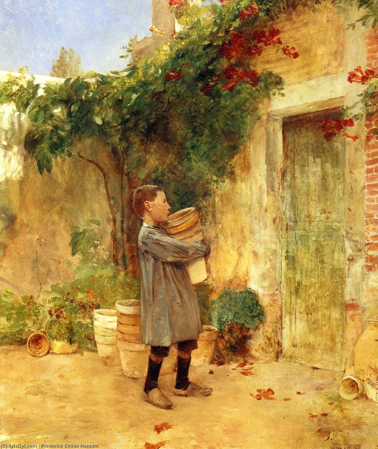 Wikioo.org - The Encyclopedia of Fine Arts - Painting, Artwork by Frederick Childe Hassam - Boy with Flower Pots
