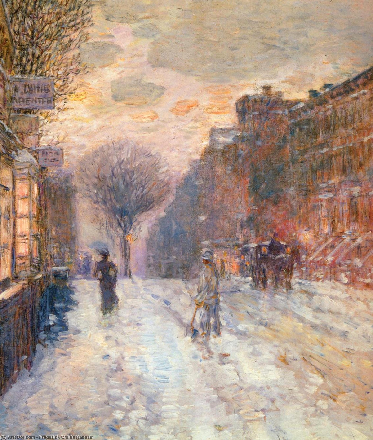 Wikioo.org – L'Encyclopédie des Beaux Arts - Peinture, Oeuvre de Frederick Childe Hassam - début soir derrière  chute de neige
