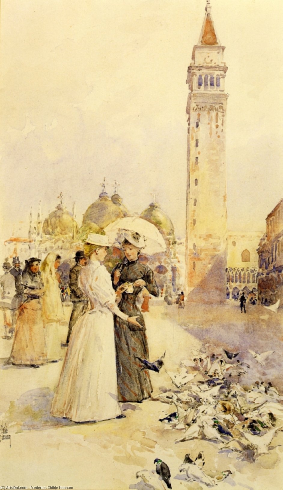 Wikioo.org - The Encyclopedia of Fine Arts - Painting, Artwork by Frederick Childe Hassam - Feeding Pigeons in the Piazza