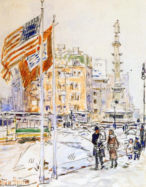 Wikioo.org - The Encyclopedia of Fine Arts - Painting, Artwork by Frederick Childe Hassam - Flags, Columbus Circle