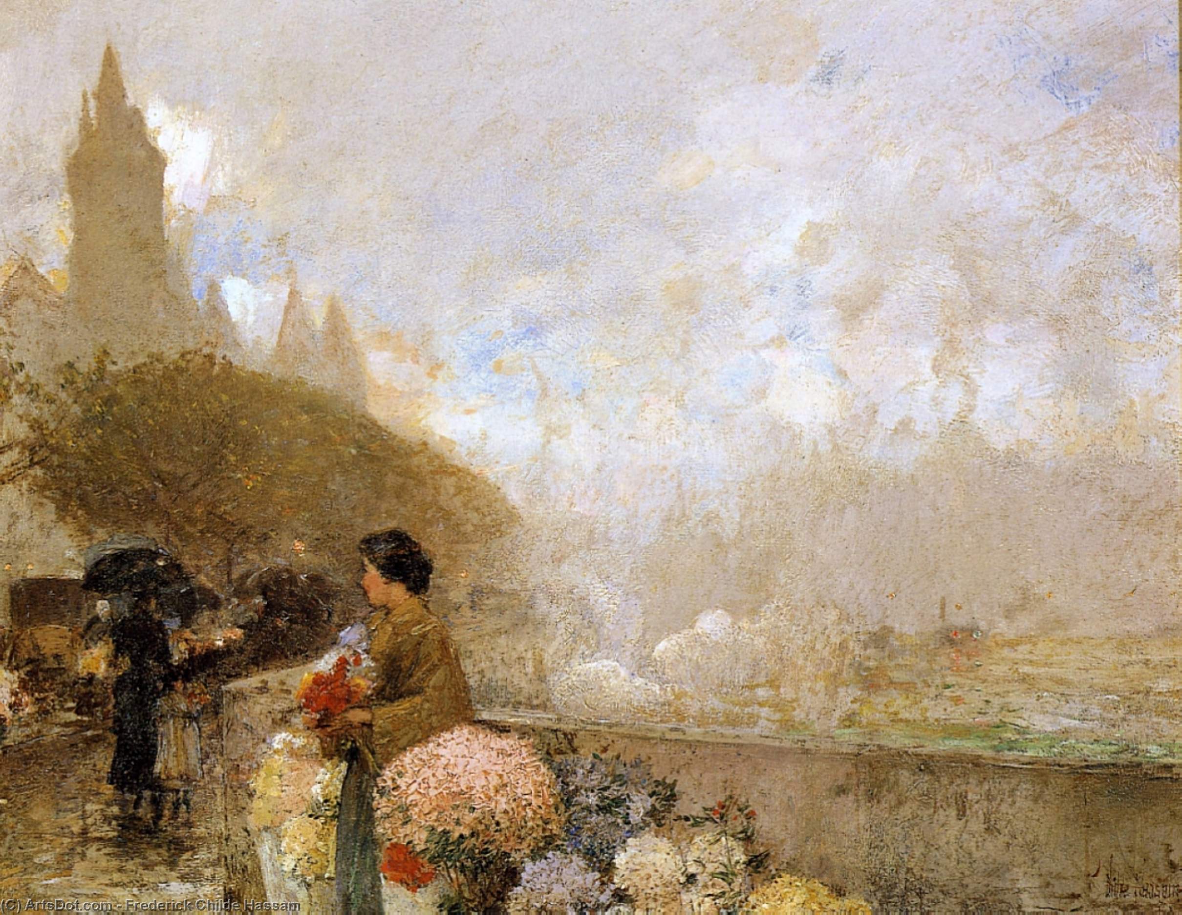 Wikioo.org - The Encyclopedia of Fine Arts - Painting, Artwork by Frederick Childe Hassam - Flower Girl by the Seine, Paris