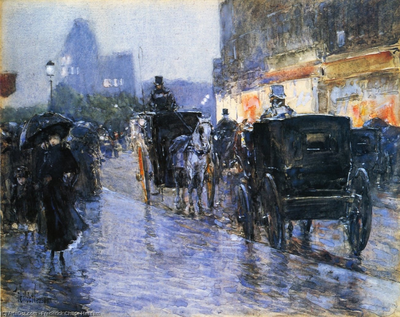 Wikioo.org - The Encyclopedia of Fine Arts - Painting, Artwork by Frederick Childe Hassam - Horse Drawn Cabs at Evening, New York