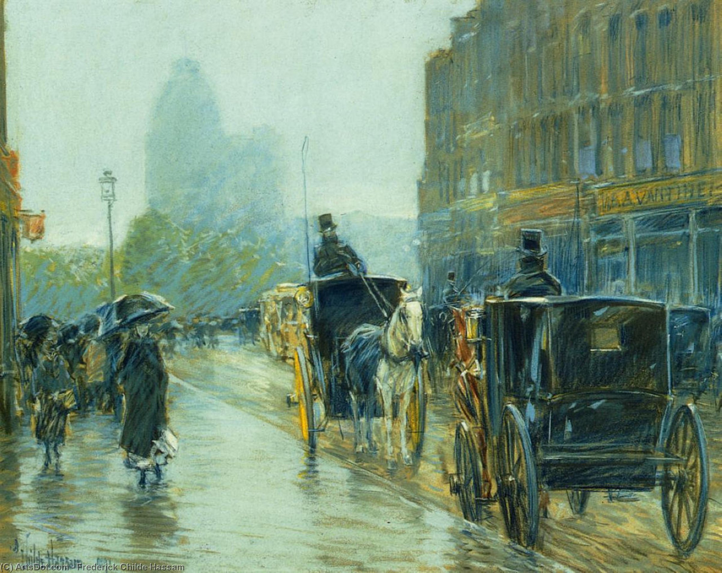 Wikioo.org - The Encyclopedia of Fine Arts - Painting, Artwork by Frederick Childe Hassam - Horse-Drawn Cabs at Evening, New York